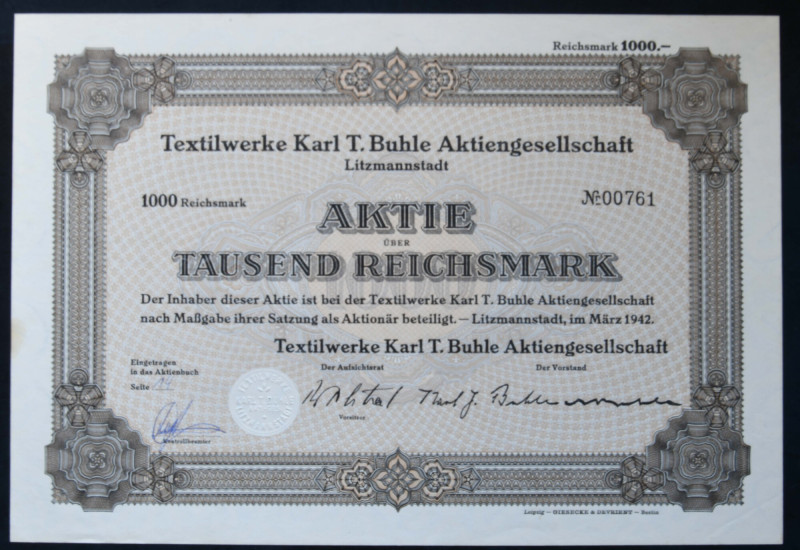 Łódź, Textilwerke Karl T. Buhle AG, 1.000 marek 1942 

BONDS AND SHARES