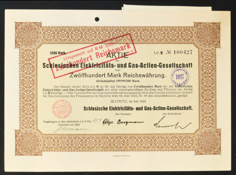 Schlesische Elektricitäts und Gas AG, 1.200 marek 1923 

BONDS AND SHARES