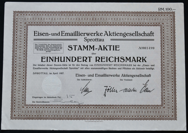 Szprotawa, Eisen- und Emaillierwerke AG, 100 marek 1927 

BONDS AND SHARES