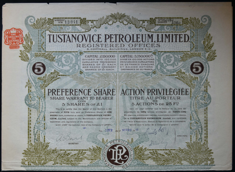 Tustanovice Petroleum Limited, 5 akcji uprzywilejowanych 1907 

BONDS AND SHAR...