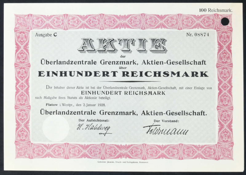 Überlandzentrale Grenzmark AG, 100 marek 1928 

BONDS AND SHARES