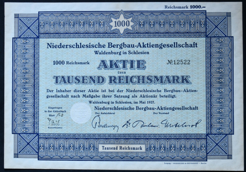 Wałbrzych, Niederschlesische Bergbau AG, 1.000 marek 1937 

BONDS AND SHARES