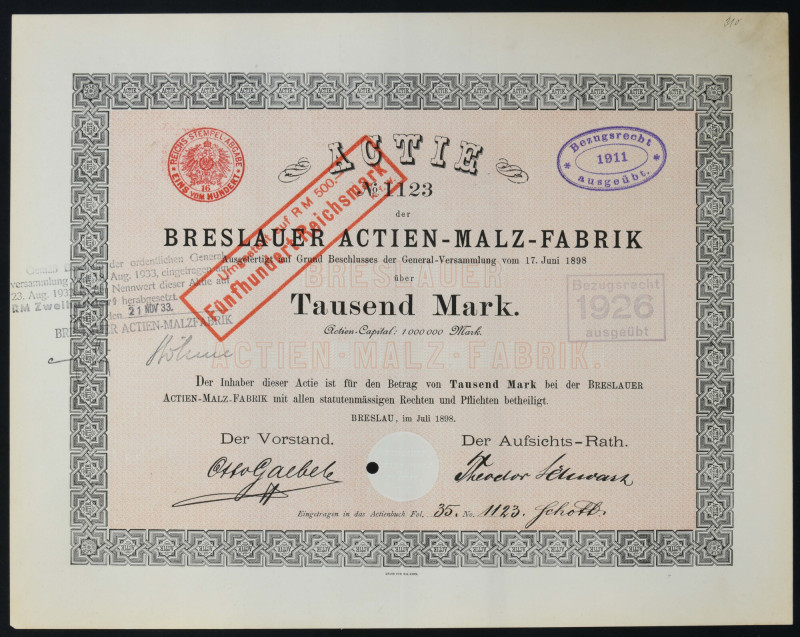 Wrocław, Breslauer Actien Malzfabrik, 1.000 marek 1898 

BONDS AND SHARES