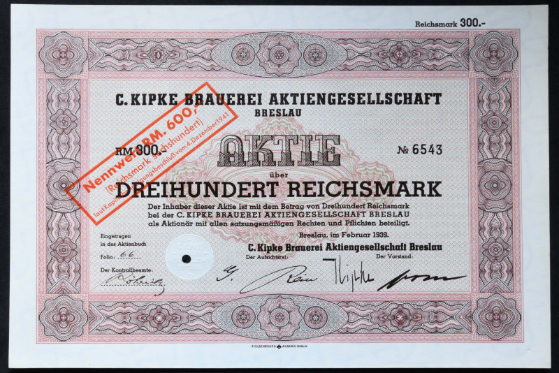 Wrocław, C. Kipke Brauerei AG, 300 marek 1939 

BONDS AND SHARES