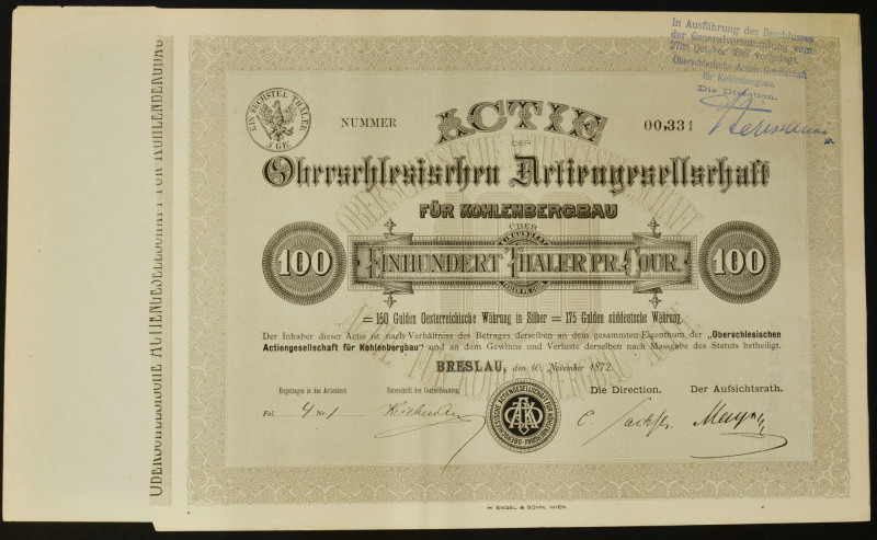 Wrocław, Oberschlesische Aktiengesellschaft für Kohlenbergbau, 100 talarów 1872 ...