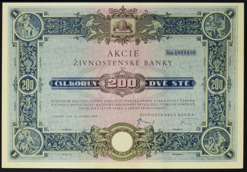 Živnostenská Banka, akcja 200 koron 1933 

BONDS AND SHARES