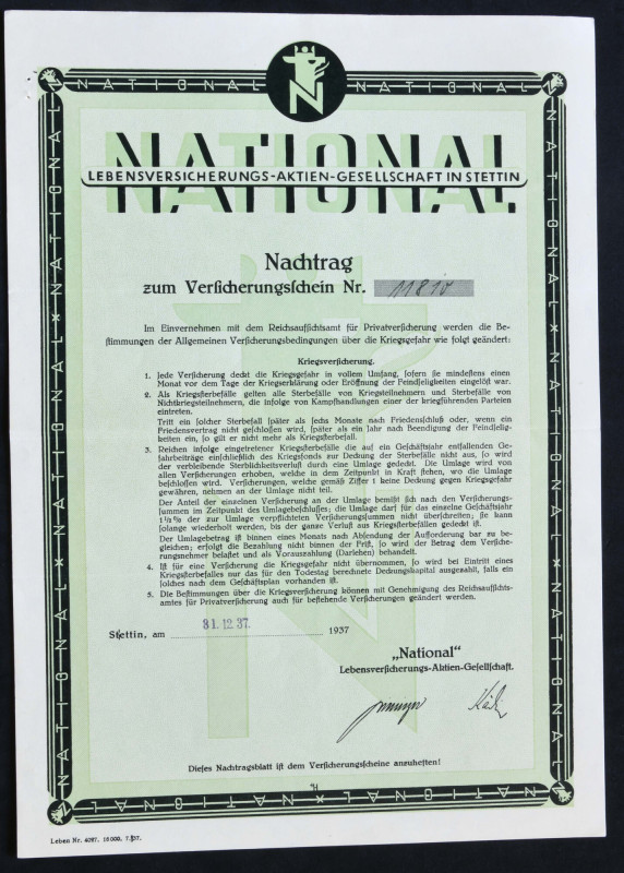 'National' Lebensversicherungs AG, dodatek do polisy ubezpieczeniowej 1937 Dokum...