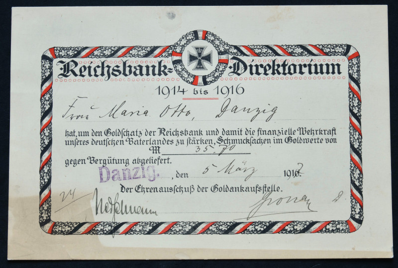 Gdańsk, Reichsbank, poświadczenie, 1917 r. Dokument poświadczający złożenie biżu...