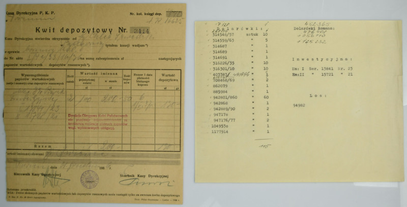 PKP, kwit depozytowy, obligacja 3% pożyczki inwestycyjnej 1935 (2 szt.) 

BOND...