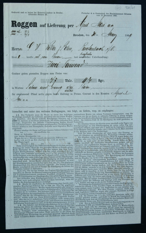 Wrocław, dokument dotyczący dostawy żyta, 1869 

BONDS AND SHARES