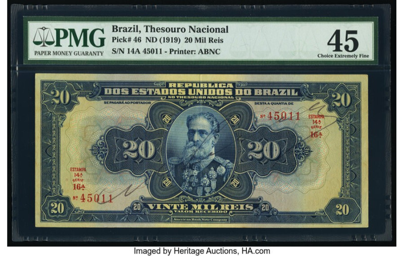 Brazil Thesouro Nacional 20 Mil Reis ND (1919) Pick 46 PMG Choice Extremely Fine...