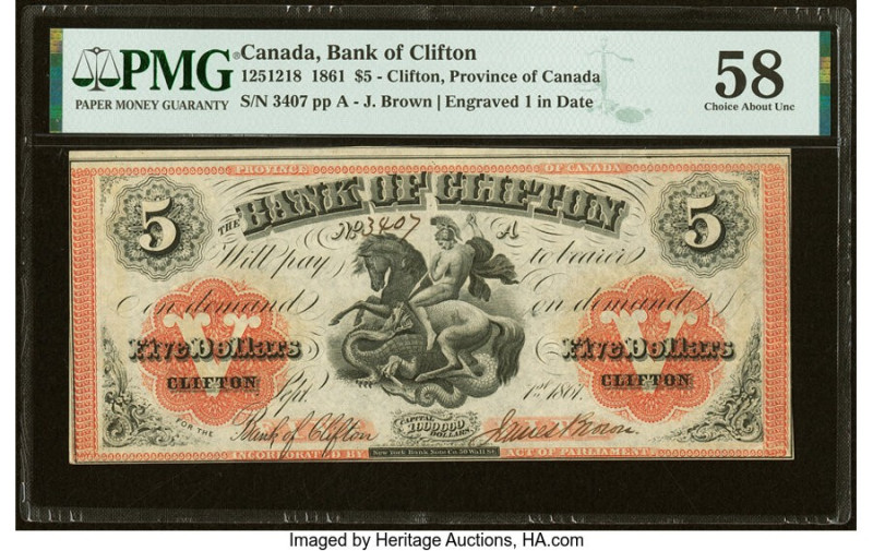 Canada Clifton, PC- Bank of Clifton $5 1.9.1861 Ch.# 125-12-18 PMG Choice About ...