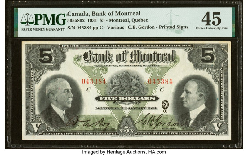 Canada Montreal, PQ- Bank of Montreal $5 2.1.1931 Ch.# 505-58-02 PMG Choice Extr...