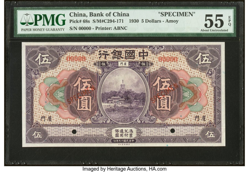 China Bank of China, Amoy 5 Dollars 10.1930 Pick 68s S/M#C294-171 Specimen PMG A...