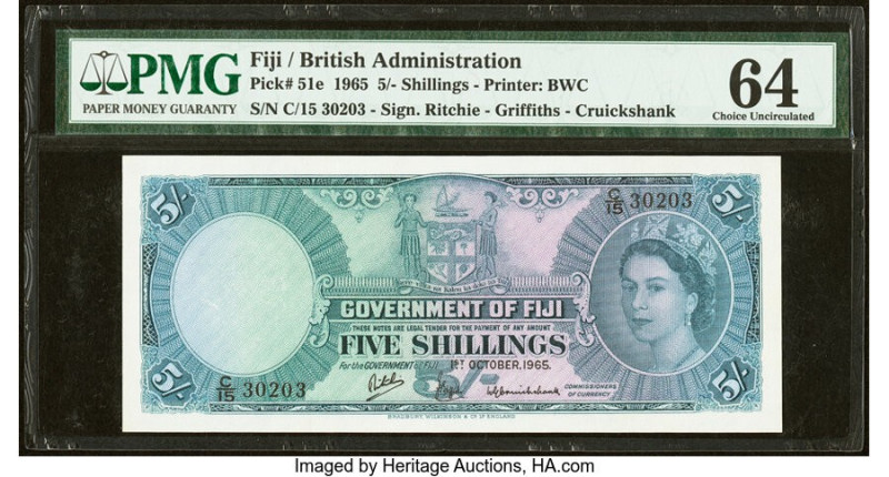 Fiji Government of Fiji 5 Shillings 1.10.1965 Pick 51e PMG Choice Uncirculated 6...