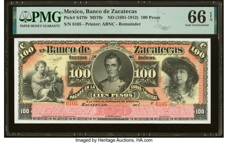 Mexico Banco De Zacatecas 100 Pesos ND (1891-1912) Pick S479r Remainder PMG Gem ...