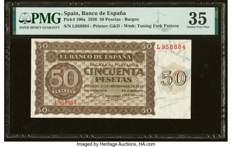 Spain Banco de Espana 50 Pesetas 21.11.1936 Pick 100a PMG Choice Very Fine 35. H...