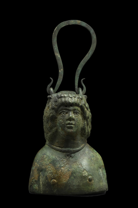 ROMAN BRONZE BACCUS BALSMARIUM
Ca. 100 AD. 
A bronze balsamarium in the form o...