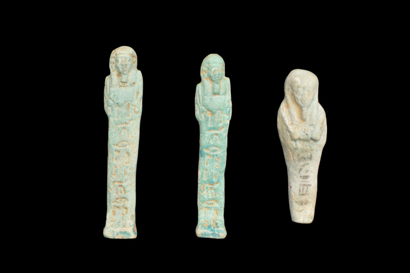 ANCIENT EGYPTIAN GROUP OF THREE FAIENCE USHABTIS
Late Period, 30th Dynasty, Ca....