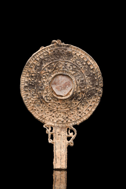 ROMAN LEAD VOTIVE MIRROR WITH DECORATION
Ca. 100-300 AD. 
A beautiful lead vot...