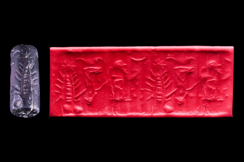 OLD SYRIAN BLACK STONE CYLINDER SEAL
Ca. 1900-1600 BC. 
A nicely carved black ...