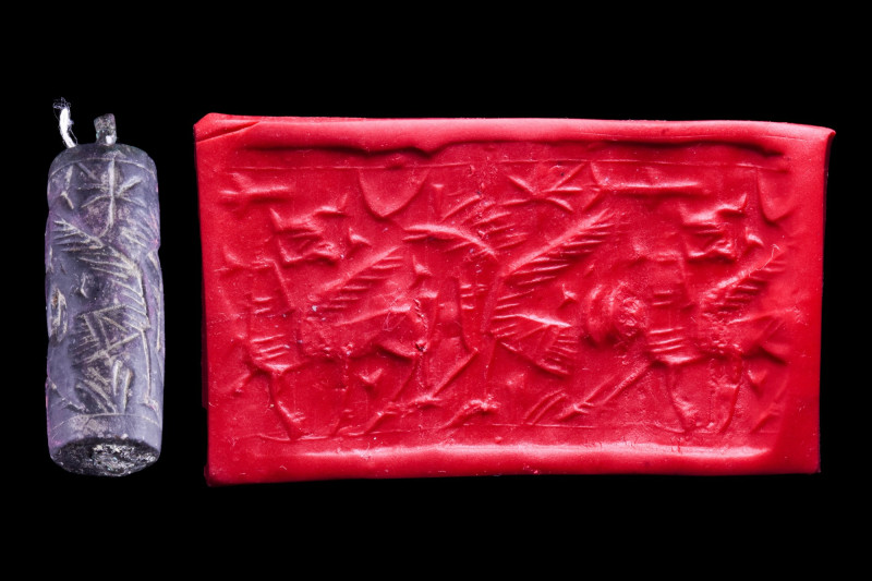 NEO-ASSYRIAN STONE CYLINDER SEAL
Ca. 9th-8th century BC. 
A nicely carved Neo-...