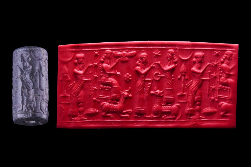 EARLY NEO-BABYLONIAN BLACK STONE CYLINDER SEAL
Ca. 8th-7th century BC or later....