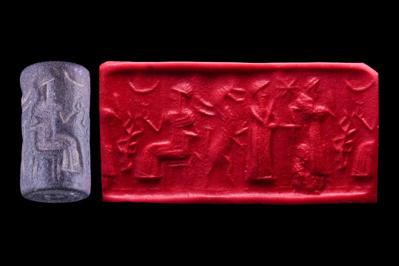 OLD ASSYRIAN STONE CYLINDER SEAL
Ca. 1800-1600 BC. 
A nicely carved Old Assyri...