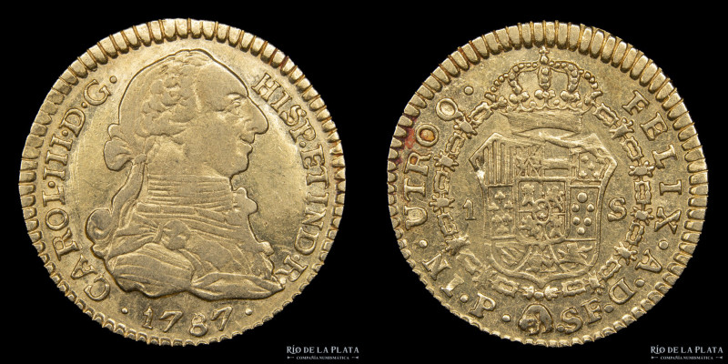 Popayán (Colombia). Carlos III (1759-1788)1 Escudo 1787 SF. AU.875; 18mm; 3.39g....