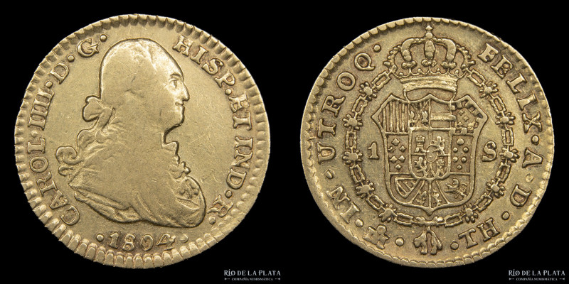 México. Carlos IV (1788-1808) 1 Escudos 1804 TH. Muy escasa. AU.875; 18.5mm; 3.3...