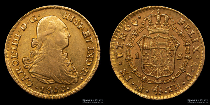 México. Carlos IV (1788-1808) 1 Escudos 1808 TH. Muy escasa. AU.875; 18.5mm; 3.3...