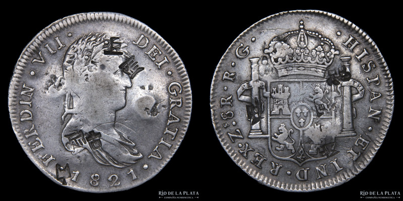 Zacatecas. Fernando VII (1808-1833) 8 Reales 1821 RG. Chopmarks, contramarcas ch...