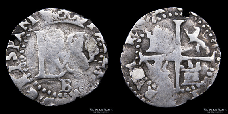 Potosí. Felipe II (1556-1598) Macuquina 1/2 Real 1582-86 B. Ceca a derecha y ens...