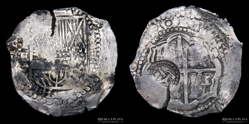 Potosí. Felipe IV (1621-1662) Macuquina 8 Reales 1651 E. Resello L. Escudo coron...