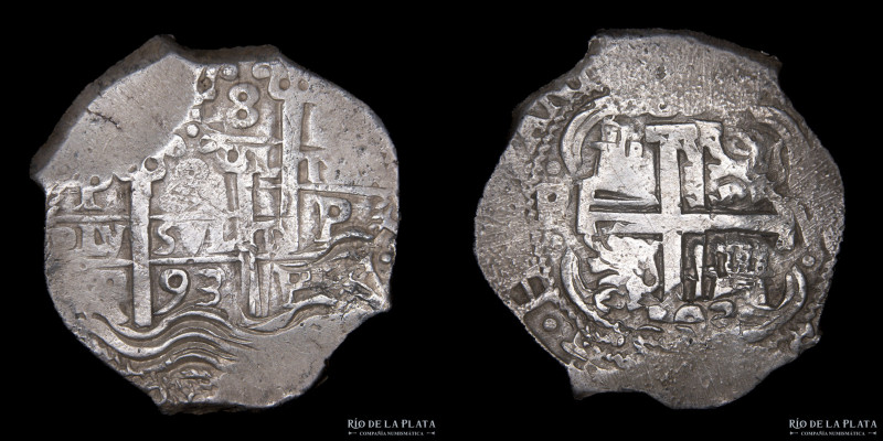 Potosí. Carlos II (1665-1700) 8 Reales 1693 VR. Macuquina/ Cob. AG.930; 38mm; 26...