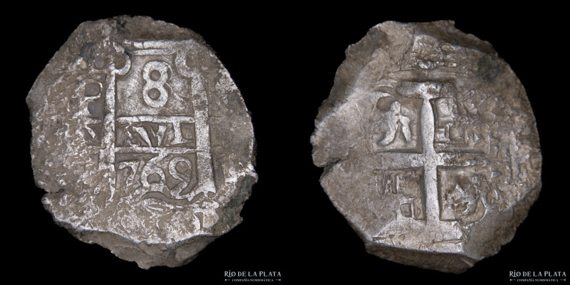 Potosí. Carlos III (1759-1788) 8 Reales 1769 VY. Macuquina. AG.917; 34mm; 27.22g...