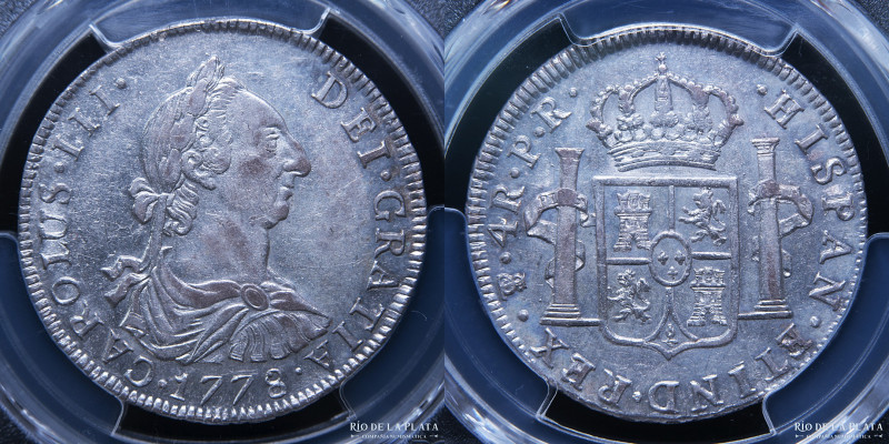 Potosí. Carlos III (1759-1788) 4 Reales 1778 PR (Ensayadores Pedro Mazondo, Raym...