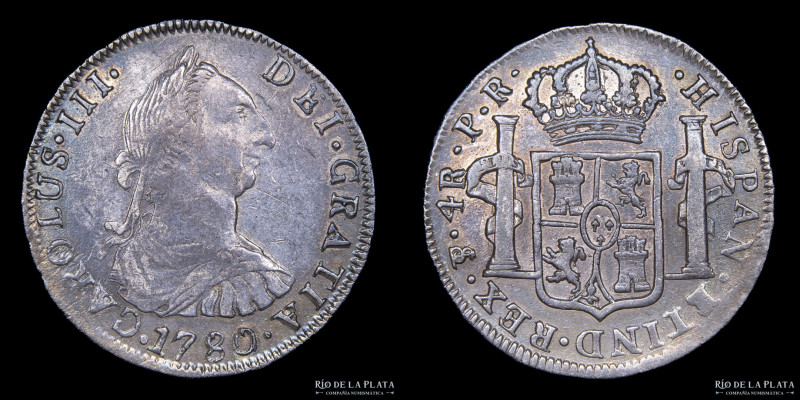 Potosí. Carlos III (1759-1789) 4 Reales 1780 PR (Pedro Mazondo, Raymundo de Ytur...