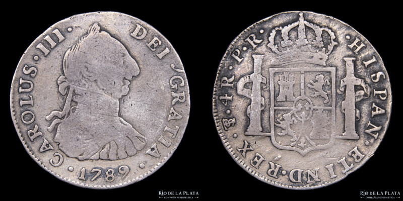 Potosí. Carlos III (1759-1789) 4 Reales 1789 PR (Pedro Mazondo, Raymundo de Ytur...