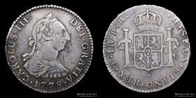 Potosi. Carlos III. 1 Real 1778 PR. Punto bajo el escudo. CJ 66.7.3