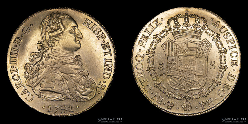 Potosí. Carlos IV (1788-1808) 8 Escudos 1791 PR Busto militar laureado. Escasa. ...