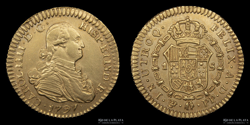 Potosí. Carlos IV (1788-1808) 1 Escudo 1797 PP. Solo 1.292 acuñadas. Rara. AU.87...