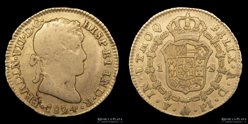 Potosí. Fernando VII (1808-1833) 1 Escudo 1824 PJ. Muy escasa solo 850 acuñadas....