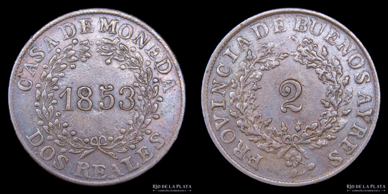 Argentina. Buenos Aires. 2 Reales 1853. CU, 32mm; 7.32g. CJ 18.4.9 (A8-R6); KM9 ...