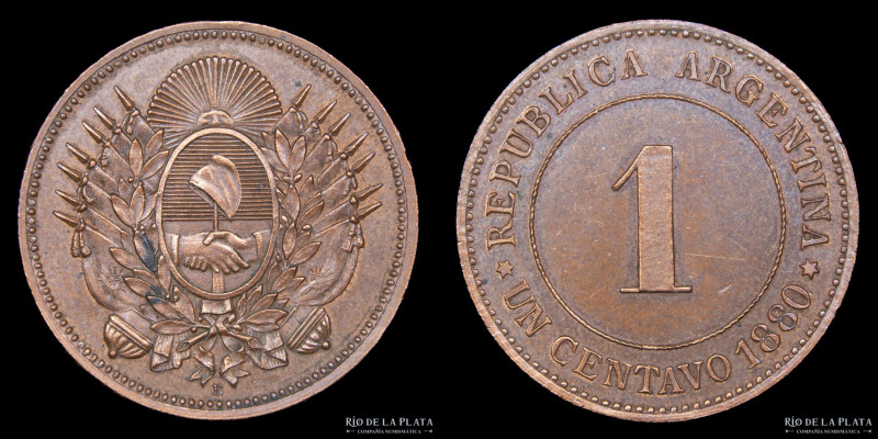 Argentina. Ensayo. 1 Centavo 1880 E. CU; 23.5mm; 5.57g. CJ 40; KMPn17 (UNC)
Est...