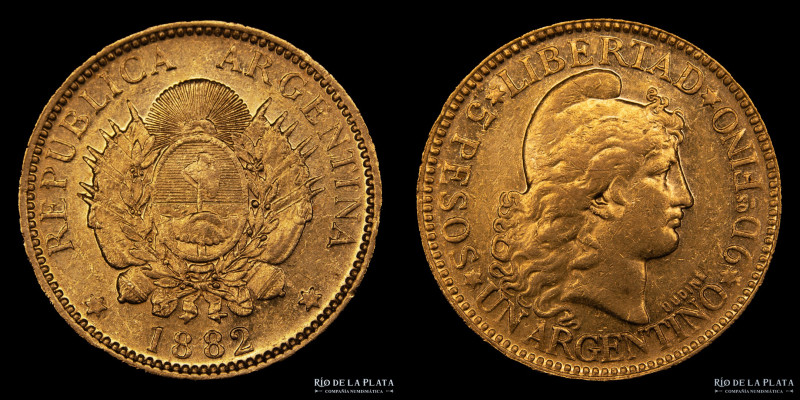 Argentina. 5 Pesos 1882 "Argentino de oro". Oro AU.900; 22.1mm; 8.08g. Ceca de B...