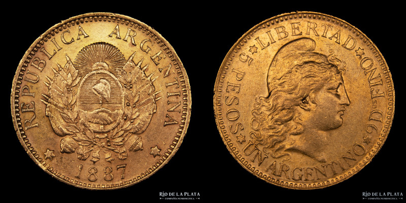 Argentina. 5 Pesos 1887 "Argentino de oro". Oro AU.900, 22.1mm; 8.07g. Ceca de B...