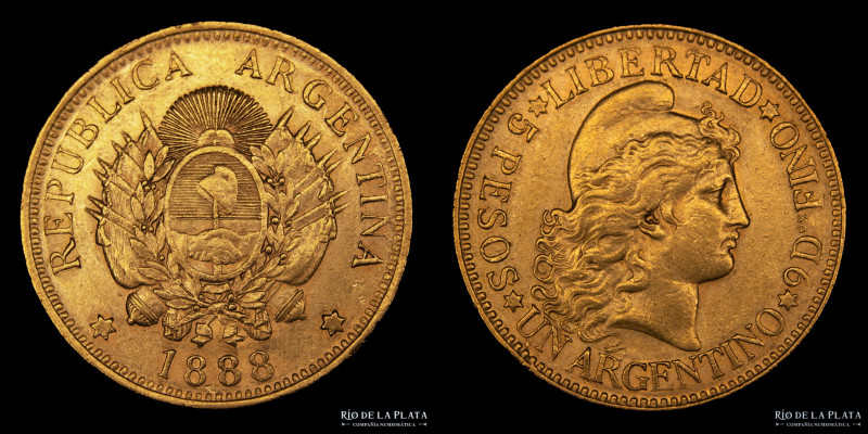 Argentina. 5 Pesos 1887 "Argentino de oro". Oro AU.900, 22.1mm; 8.07g. Ceca de B...