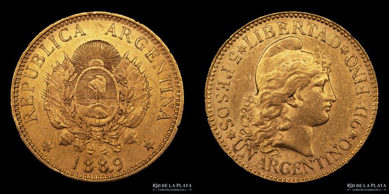 Argentina. 5 Pesos 1889 "Argentino de oro". Oro AU.900, 22.1mm; 8.07g. Ceca de B...