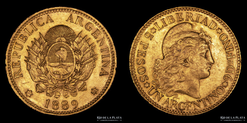 Argentina. 5 Pesos 1889 "Argentino de oro". Oro AU.900, 22.1mm; 8.07g. Ceca de B...